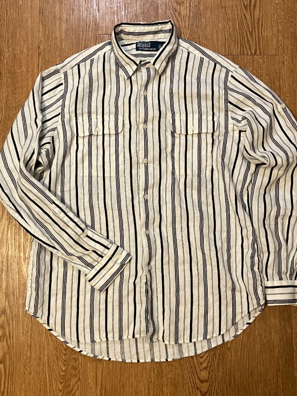Vintage Polo Ralph Lauren Mens L 100% Linen Roll Tab Safari Shirt Stripe White